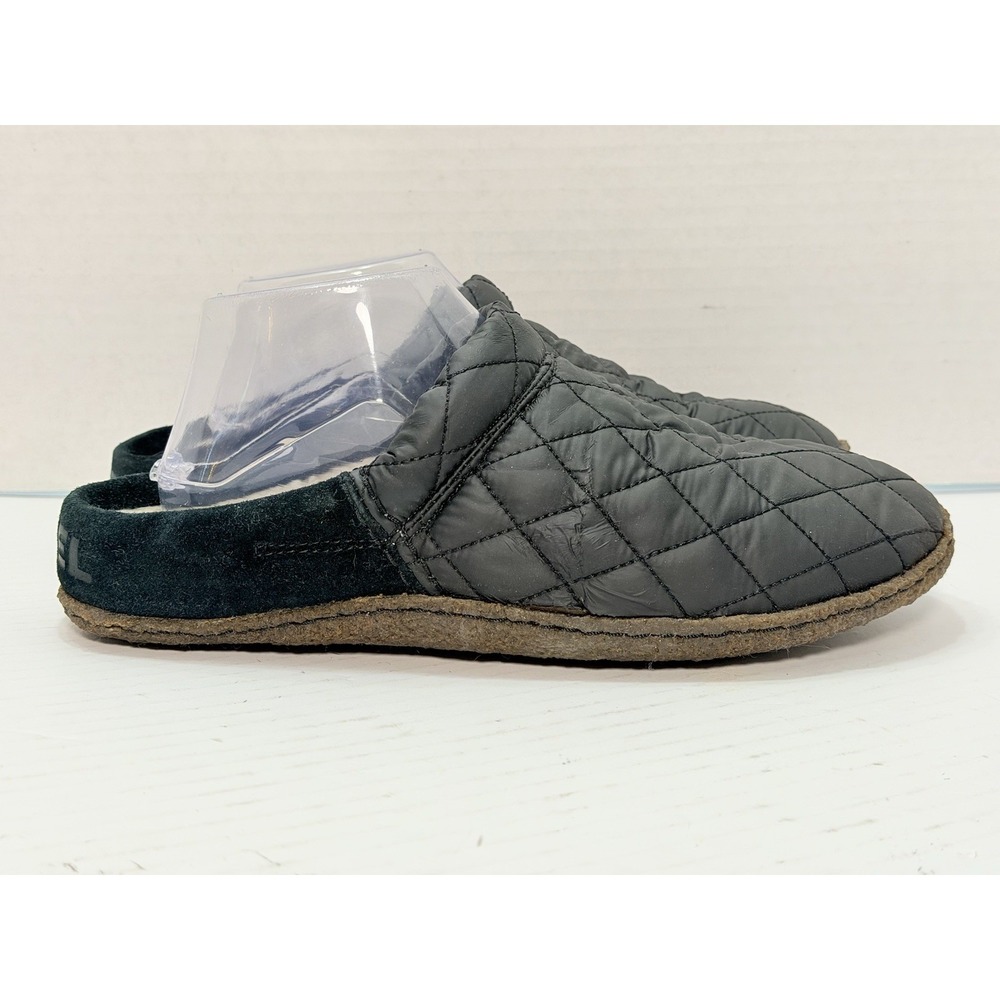 Sorel Nakiska Scuff Black Quilted Nylon Faux Fur Mule Slippers Women's 9